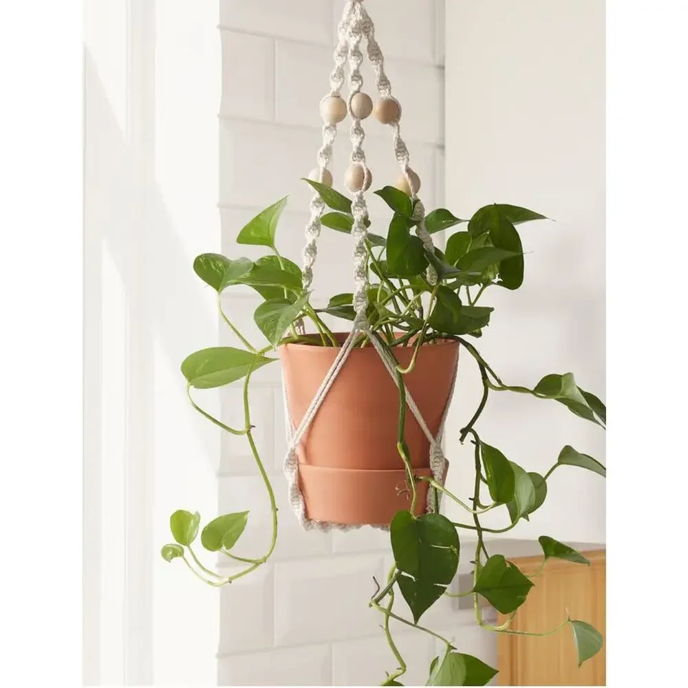 IKEA ANVÄNDBAR Plant Hanger White Cotton Natural Wood Beads Macrame Boho Decor
